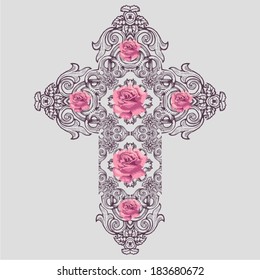 Vintage Ornate Christian Cross Vector pink roses.