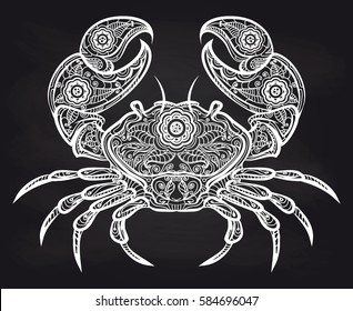 Vintage ornate crab on blackboard. Vector white doodle crab design