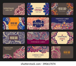 Vintage ornate design business card collection with floral texture. EPS 10 vector pattern set in oriental style.