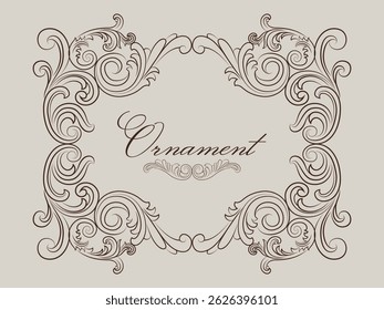 Vintage ornate floral frame with elegant swirl decoration and calligraphy text on beige background