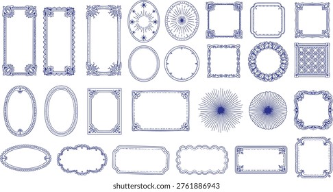 Vintage ornate frame set with decorative borders labels and elegant circular wreaths for invitations certificates and antique style border design, cad drawing flat vector illustration,