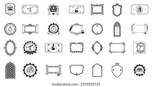 Coleção de Vetores de Quadros Ornados Vintage. Bordas clássicas, escudos reais e conjunto de formas de rótulo decorativo