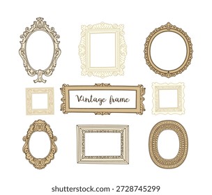 Antiguas marcos adornados con bordes antiguos dibujados a mano, elegante filigrana victoriana, remolinos barrocos aislados conjunto. Invitaciones de boda de lujo, Plantillas decorativas para la Ilustración vectorial de diseño creativo