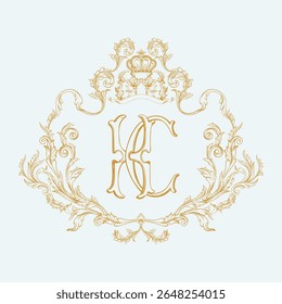 Vintage ornado ouro mão desenhada crista entrelaçada HC inicial monograma intrincado folheto floral e topo de com uma coroa régia.