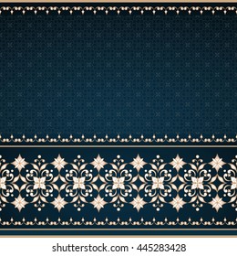Vintage ornate golden border in Eastern style on aquamarine. Element for design.  Pattern fill. Ornate floral decor for wallpaper. Traditional golden decor on aquamarine background.