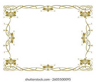 Vintage ornate golden frame in art nouveau style, tendrils, flowers, greeting card decoration, invitation, vector illustration
