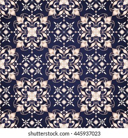 Vintage ornate golden seamless texture in Eastern style on blue.  Element for design. Ornamental backdrop. Pattern fill. Ornate floral decor for wallpaper. Traditional golden decor.