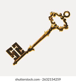 Vintage ornate key with intricate design. Antique key with detailed patterns. Decorative key with classic style. Elegant key with historical charm. Vintage art illustration vector.