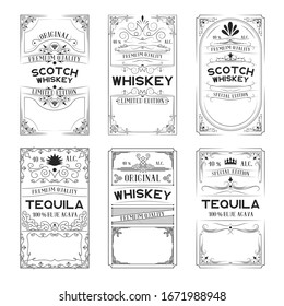 Vintage ornate labels with lettering for pub. Hand drawn set of premium alcohol frames for tequila, scotch, whiskey bottles in drink bar.