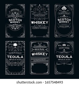 Vintage ornate labels set with lettering for irish pub. Hand drawn premium alcohol frames for scotch, whiskey, tequila bottles in drink bar. 