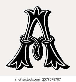 Vintage ornate letter 'A' with intricate floral design. The letter 'A' features elegant curves and decorative elements, creating a classic and artistic look. Vintage black font isolated, vector.