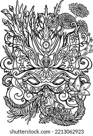 Vintage ornate mask and fantasy flowers and leaves. Coloring page antistress for children and adults. Vector illustration isolated on white background