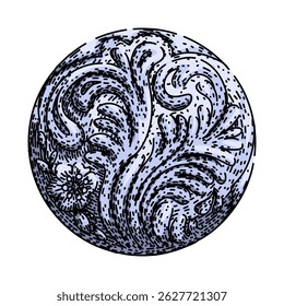 vintage ornate metal button hand drawn. antique decorative, brass collectible, fashion accessory vintage ornate metal button vector sketch. isolated color illustration