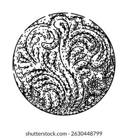 vintage ornate metal button hand drawn. antique decorative, brass collectible, fashion accessory vintage ornate metal button vector sketch. isolated black illustration