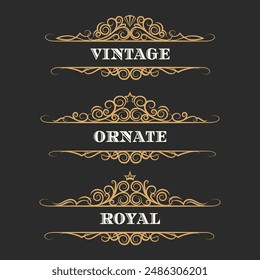 Vintage ornate monogram set. Design elements with crown gem star isolated on black background vector illustration