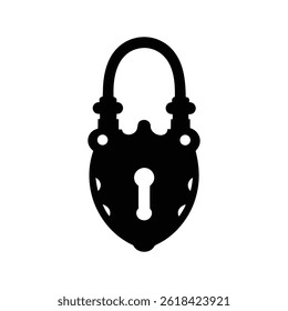 Vintage Ornate Padlock Silhouette with Intricate Details and Central Keyhole, Decorative Security Concept, Antique Lock Design, Classic Symbol of Protection and Privacy