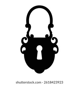 Vintage Ornate Padlock Silhouette with Intricate Details and Central Keyhole, Decorative Security Concept, Antique Lock Design, Classic Symbol of Protection and Privacy