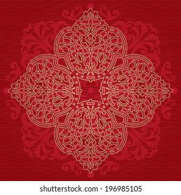 Vintage ornate pattern on red background. Floral baroque ornament in Victorian style. Traditional ornament and element for design. Lacy decor for greeting card and wedding invitations.