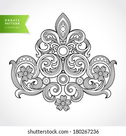 Vintage ornate pattern with place for your text. Victorian floral decor. Traditional ornament. It can be used for greeting card and wedding invitations, decoration for bags and clothes.