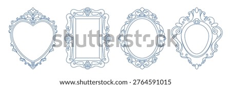 Vintage ornate picture frames. Antique decorative mirror borders, artistic rococo baroque filigree photo frame elements, classic fancy luxury design. Vector linear set.