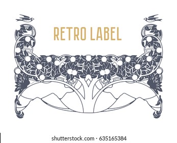 Vintage ornate romantic label with decor elements: tree, birds, flowers, curls and frame for text. Vector illustration on white background