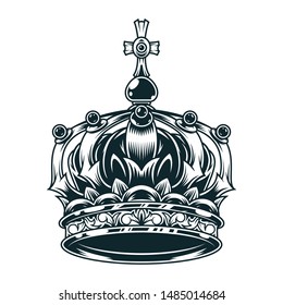 Vintage ornate royal crown concept in monochrome style isolated vector illustration