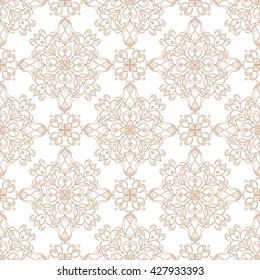 Vintage ornate seamless beige texture in Eastern style on white.  Pattern fill. Ornate floral decor for wallpaper. Traditional decor on beige background.