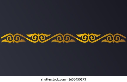 Diseño de frontera en estilo tradicional kazakh. Ornamento dorado de rizos y espirales sobre fondo negro. Ideal para carteles, banners, marketing. Fácil de editar.