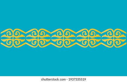 Vintage ornate seamless border pattern in kazakh traditional style. Golden ornament of curls and spirals on blue background. Can be used for jewelry, beauty and fashion industry. Great for logo.