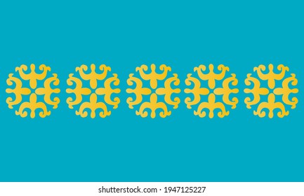 Vintage ornamentado con un estilo tradicional kazajo sin fisuras. Ornamento dorado de rizos y espirales sobre fondo azul. Se puede usar para la joyería, la belleza y la industria de la moda. Excelente para el logo.