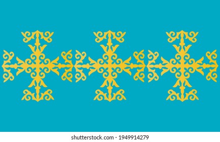 Vintage ornate seamless border pattern in kazakh traditional style. Golden ornament of curls and spirals on blue background. Can be used for jewelry, beauty and fashion industry. Great for logo.