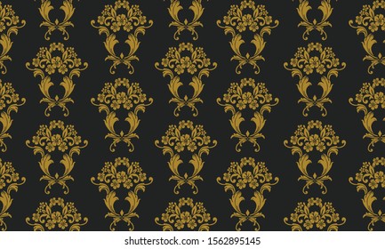 Vintage ornate seamless pattern floral, isolated on black background.