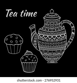 Vintage ornate teapot and cupcake. Hand drawing things. Template for text.