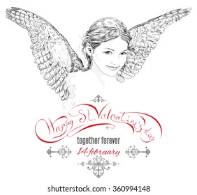 Vintage ornate Valentine`s day design with hand drawn beautiful angel. Can be used as greeting card, wedding, engagement , holiday, t-short and tattoo design. Vector illustration.