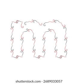Vintage Ornate Vector Border Frame with Red and Black Swirls and Elegant Calligraphic Flourish Decoration (Letter m)