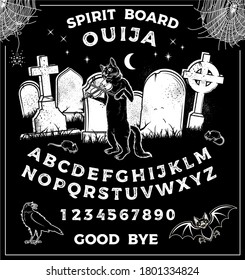 Vintage Ouija Board mit Halloween Cat Playing Violine Poster. Okkultismus-Set. Vektorgrafik.