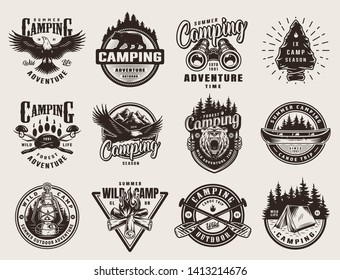 Vintage outdoor adventure emblems with eagle bears binoculars camping tools canoe crossed paddles campfire tent gas lantern on light background isolated vector illustration