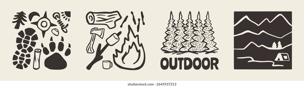 Vintage outdoor adventure illustration in rustic silhouette style for nature hiking, forest camping, and wilderness exploration.