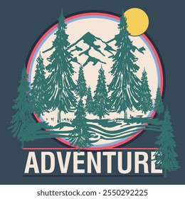 Vintage outdoor adventure label, badge, stamp, or t-shirt design with text "Adventure," vector illustration.