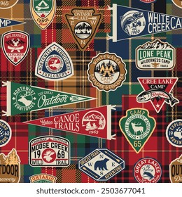 Vintage outdoor adventure label patches with tartan plaid patchwork background abstract vector seamless pattern for scarf kerchief shirt fabric wrapping carpet rug pillow tablecloth