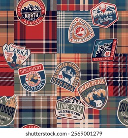 Vintage outdoor adventure label patches with tartan plaid patchwork background abstract vector seamless pattern for shirt fabric wrapping carpet rug pillow tablecloth