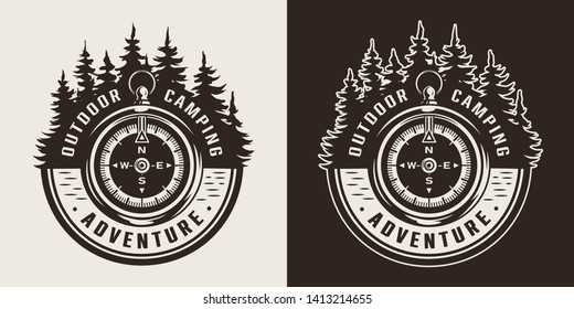Vintage outdoor adventure monochrome label with navigational compass and forest isolated vector illustration