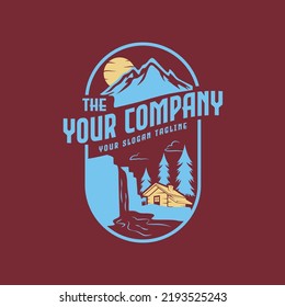 Vintage Outdoor Emblem with Waterfall, Mountain, and Cabin House Logo