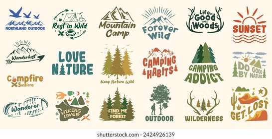 Vintage outdoor graphic set, nature lover quotes bundle. Nature clipart badge logo collection, Camping hiking design set. Outdoor t shirt designs bundle for print. Outdoor merchandise emblem design