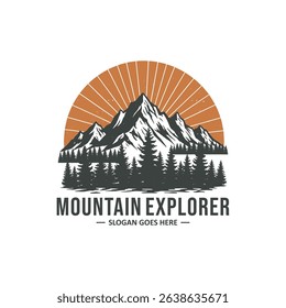 Vintage Outdoor mountains explorer logo badges with silhouette pine forest and sharp mountain peaks