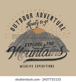 Vintage al aire libre Imprimir diseño, aventura al aire libre, ilustración de montaña, Vector de montaña con textura, Vector gráfico para camiseta y otros usos