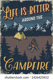 Vintage outdoor recreation colorful template with camp between forest and mountains vector illustration