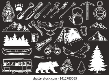 Vintage outdoor recreation elements collection with animals forest and mountains landscapes canoe travel truck camping tools and equipment isolated vector illustration