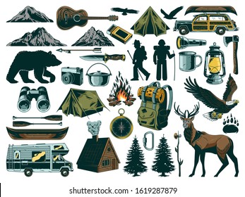 Vintage outdoor recreation elements collection set with animals things for travel journey travel adventure trip exploring camping on nature mountains. Vintage retro hipster style. Custom print design.