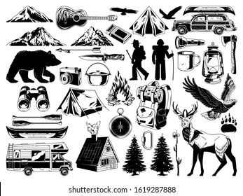 Vintage outdoor recreation elements collection set with animals things for travel journey travel adventure trip exploring camping on nature mountains. Vintage retro hipster style. Custom print design.